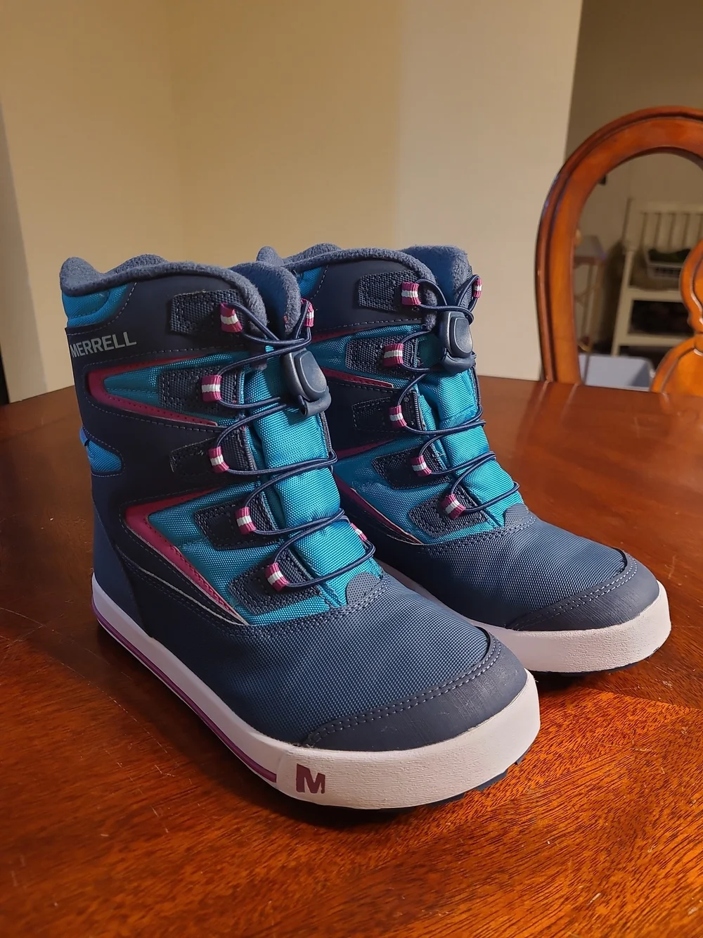 Merrell Kids Snow Bank 3.0 Navy, Teal & Pink Waterproof Winter Boots, Bungee